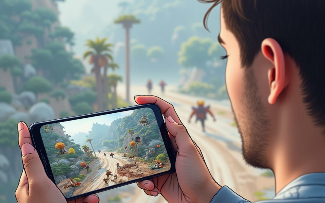 Player holding a gaming phone displaying an intense 3D action game with detailed graphics.