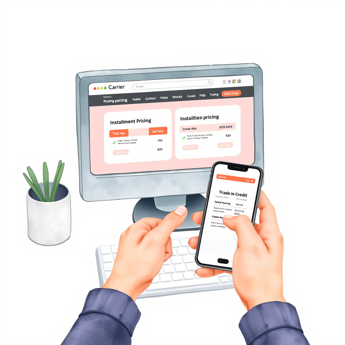 Shopper comparing phone financing options between carrier and retail purchase paths