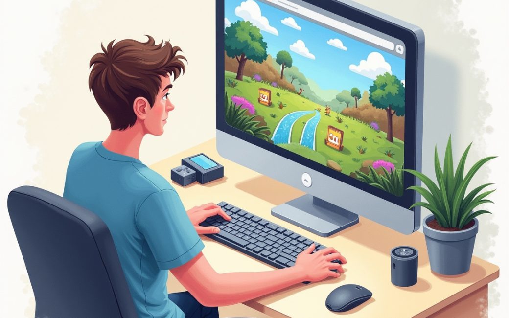 Person at a computer playing an online game in a browser tab.