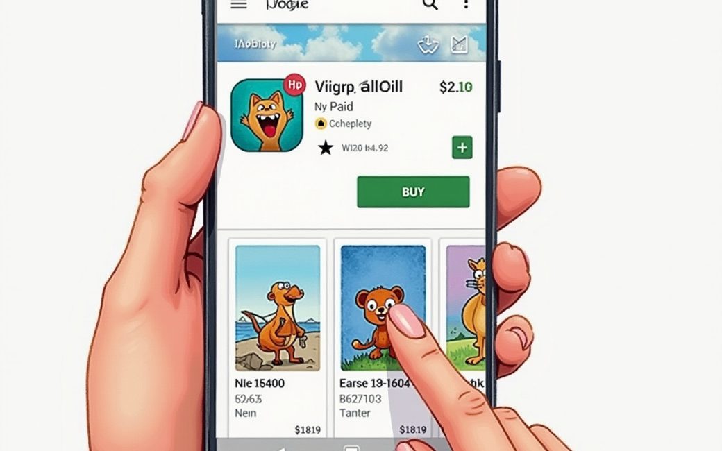 Android device displaying a paid app with price and purchase button in Google Play Store